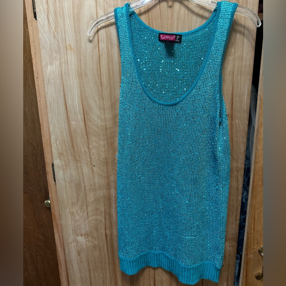 SAY WHAT? Retro  Turquoise Shimmer sequin Knit sweater tank top racer back XL